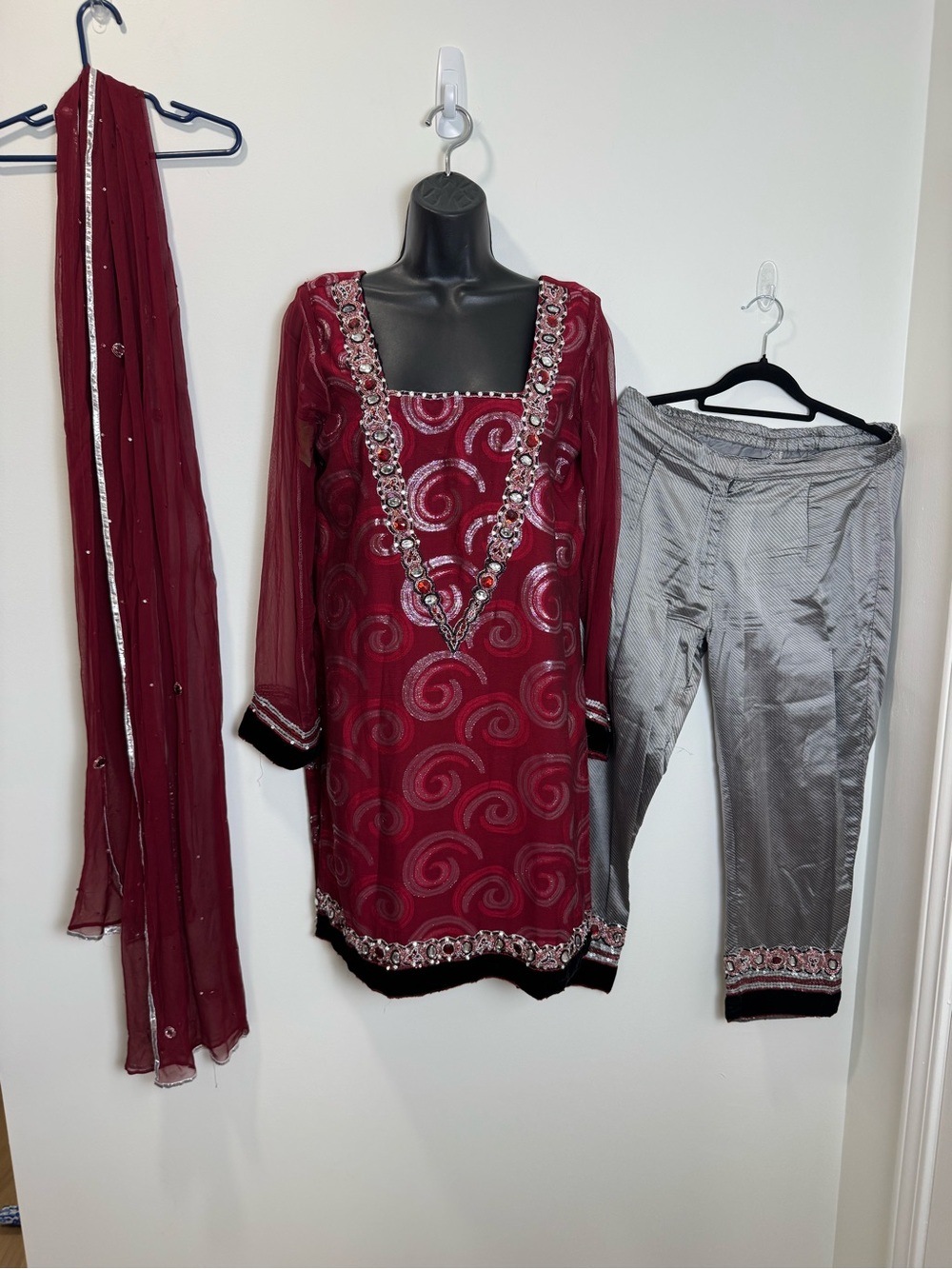 Elegant Maroon and Silver Embroidered Outfit
